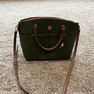 Anne Klein Olive Green Crossbody Satchel with Brown Trim and Gold Hardware